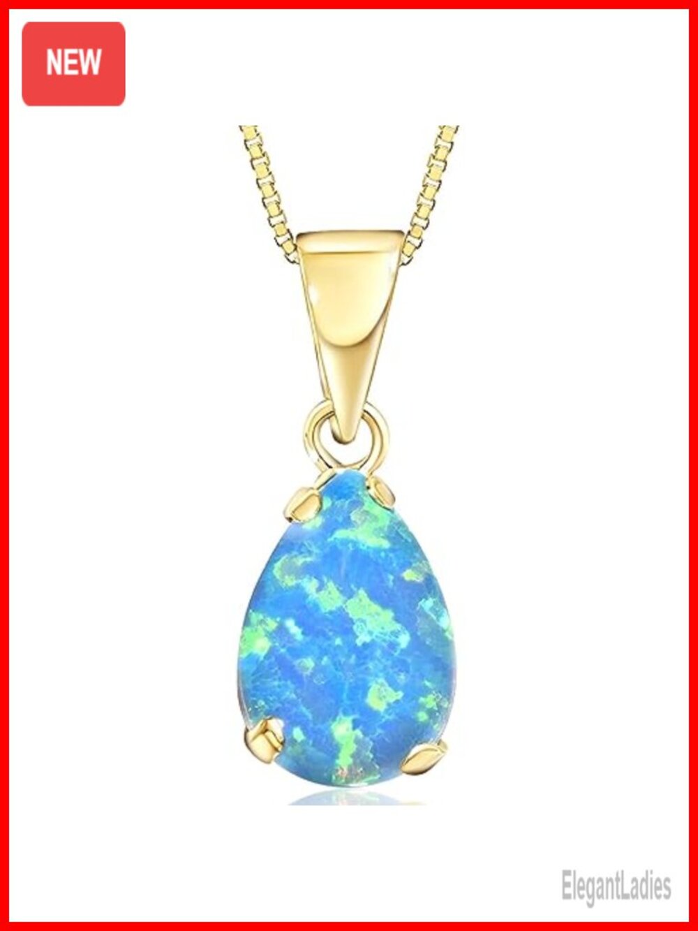 14K Solid Yellow Gold Blue Opal Teardrop Pendant October Birthstone